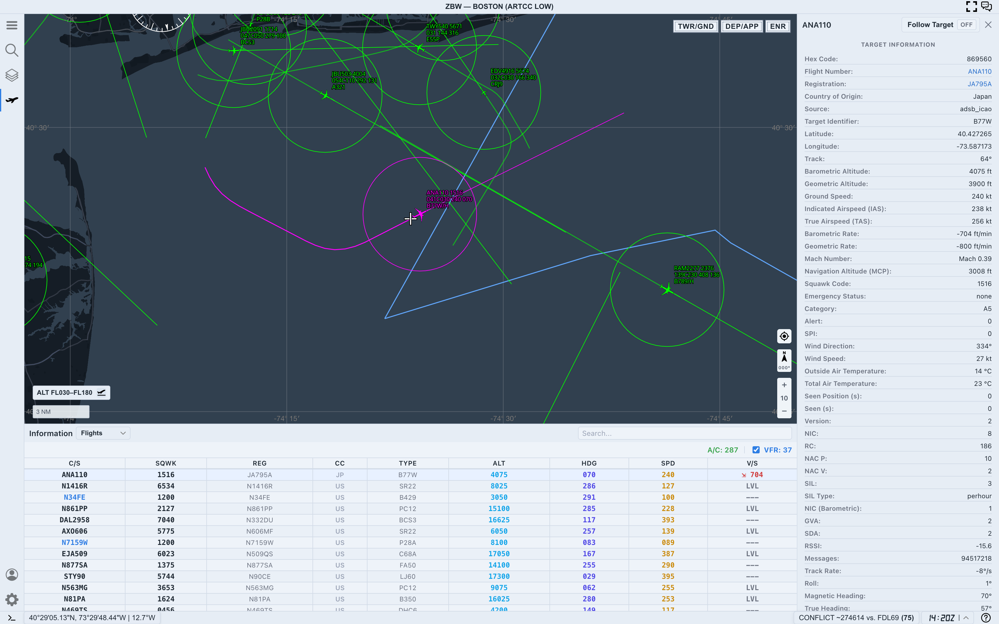 Selected aircraft with target details open